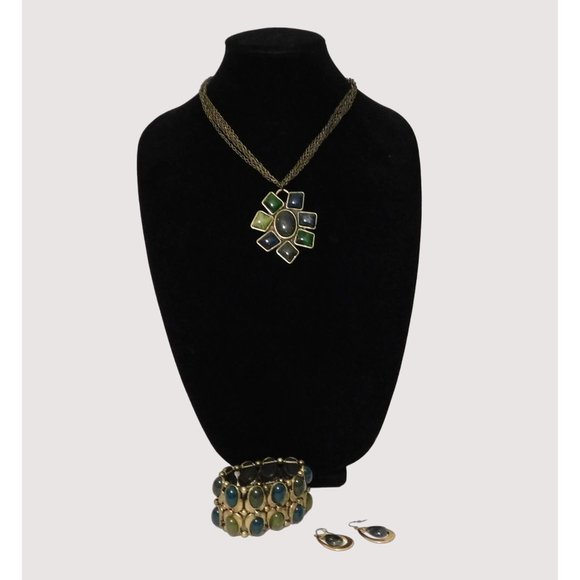 Set Necklace 16-19" Marble Pierced Fishhook Earrings Bracelet Bronze Green Blue - Picture 2 of 13